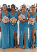 Homecomming Dresses Long, Sheath/Column Cowl Neck Sleeveless Chiffon Bridesmaid Dresses With Pleated Split