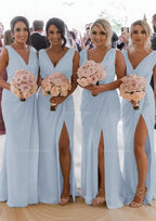 Homecomming Dress Long, Sheath/Column Cowl Neck Sleeveless Chiffon Bridesmaid Dresses With Pleated Split