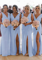 Homecoming Dresses 2045, Sheath/Column Cowl Neck Sleeveless Chiffon Bridesmaid Dresses With Pleated Split