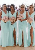 Homecoming Dress 2038, Sheath/Column Cowl Neck Sleeveless Chiffon Bridesmaid Dresses With Pleated Split