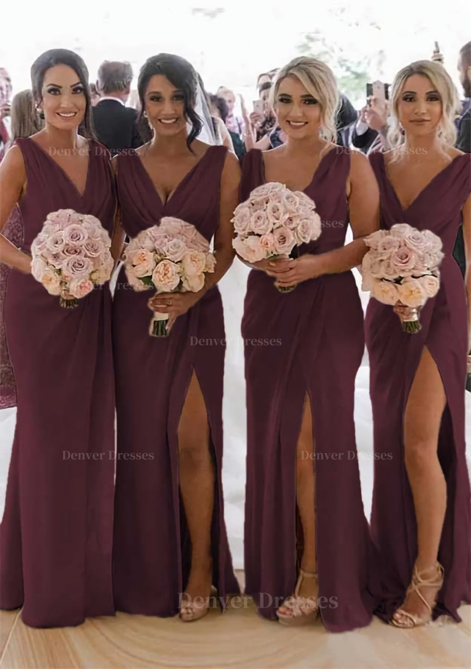 Homecoming Dresses Formal, Sheath/Column Cowl Neck Sleeveless Chiffon Bridesmaid Dresses With Pleated Split