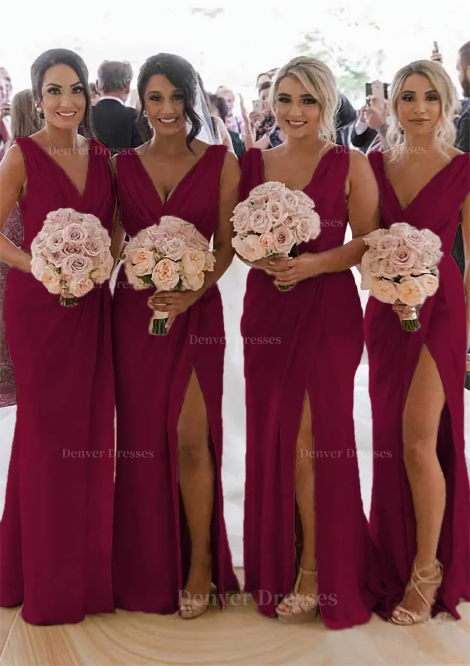 Homecoming Dress Formal, Sheath/Column Cowl Neck Sleeveless Chiffon Bridesmaid Dresses With Pleated Split