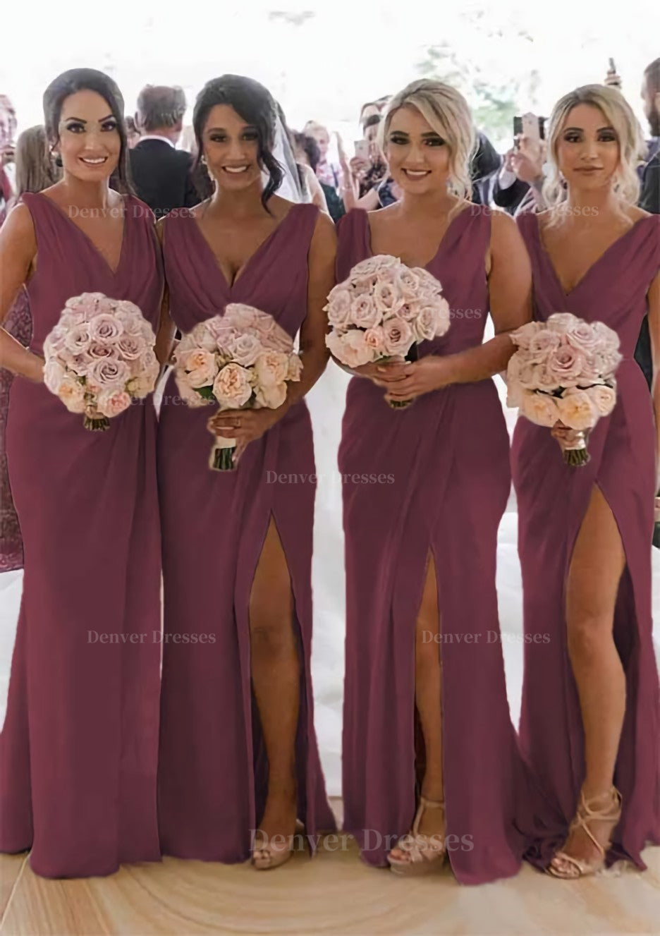 Homecoming Dress Style, Sheath/Column Cowl Neck Sleeveless Chiffon Bridesmaid Dresses With Pleated Split