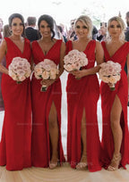 Homecoming Dresses Style, Sheath/Column Cowl Neck Sleeveless Chiffon Bridesmaid Dresses With Pleated Split