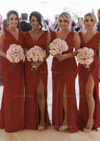 Homecoming Dresses Styles, Sheath/Column Cowl Neck Sleeveless Chiffon Bridesmaid Dresses With Pleated Split