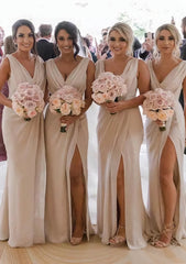 Homecoming Dresses Long, Sheath/Column Cowl Neck Sleeveless Chiffon Bridesmaid Dresses With Pleated Split