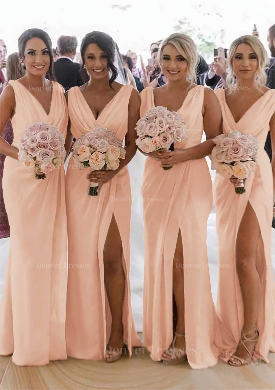 Homecoming Dress Classy, Sheath/Column Cowl Neck Sleeveless Chiffon Bridesmaid Dresses With Pleated Split