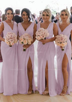 Homecoming Dresses Idea, Sheath/Column Cowl Neck Sleeveless Chiffon Bridesmaid Dresses With Pleated Split