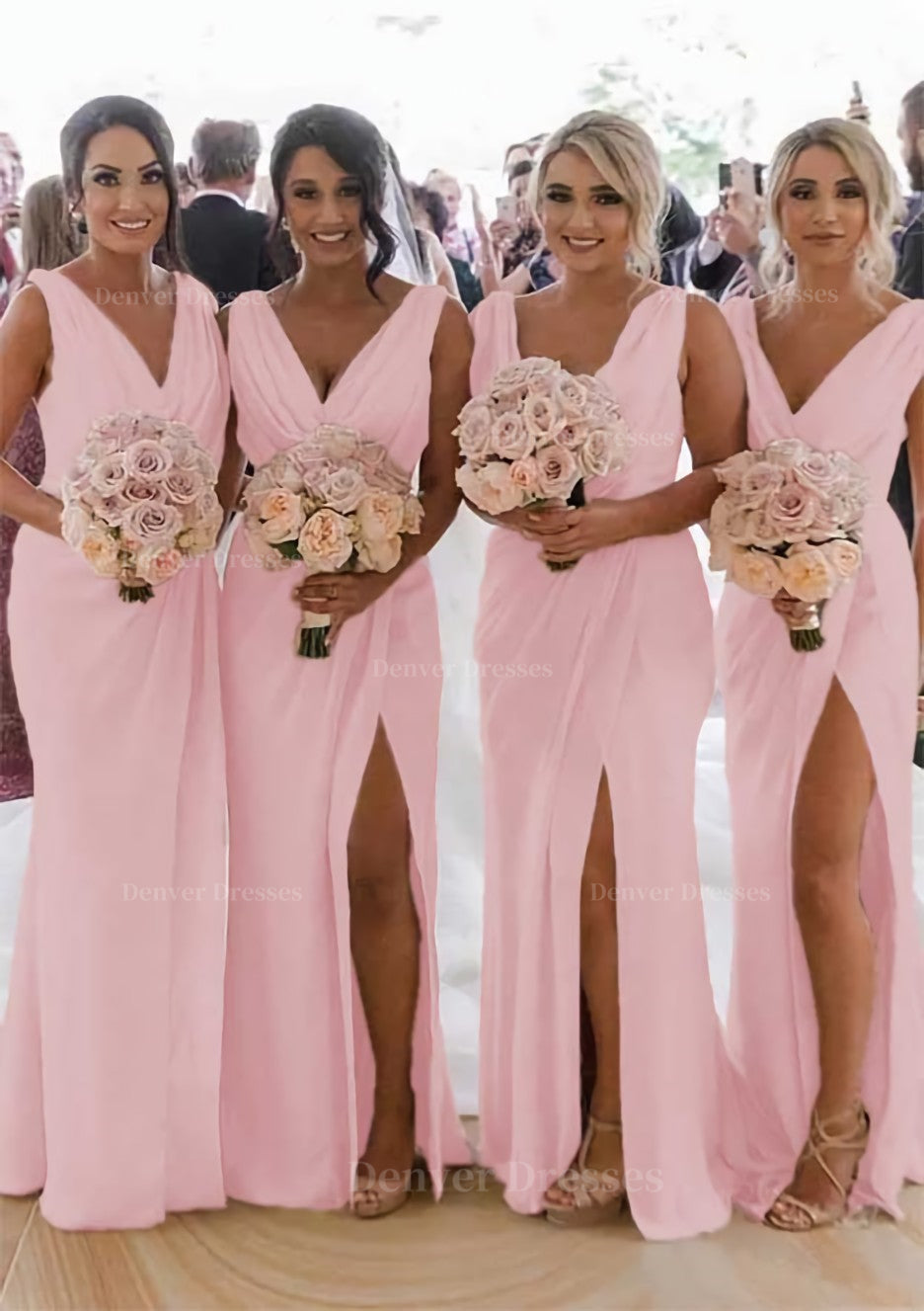 Homecoming Dress Ideas, Sheath/Column Cowl Neck Sleeveless Chiffon Bridesmaid Dresses With Pleated Split