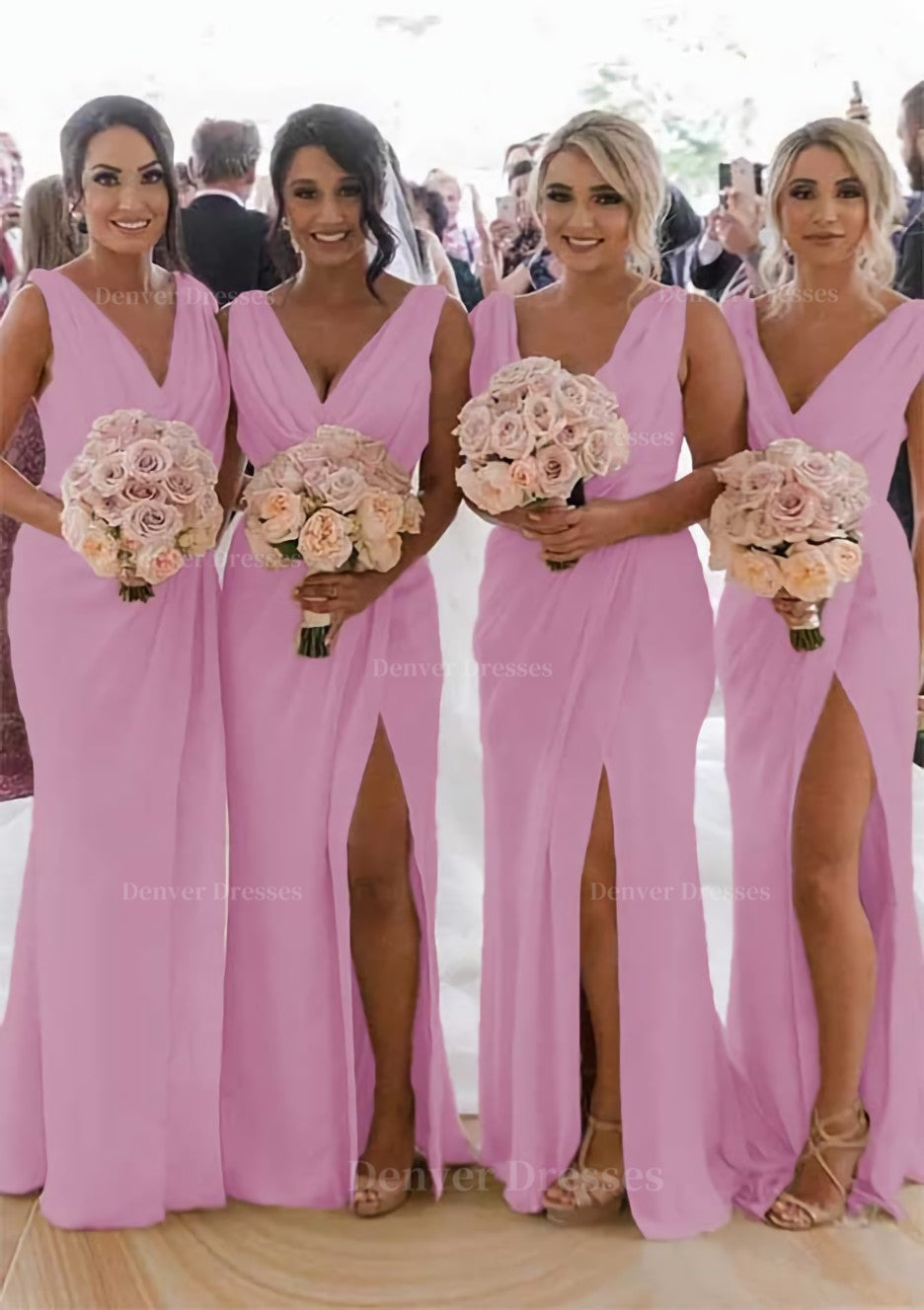 Homecoming Dress Idea, Sheath/Column Cowl Neck Sleeveless Chiffon Bridesmaid Dresses With Pleated Split