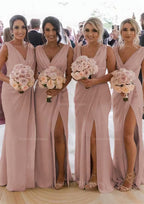 Homecoming Dresses Beautiful, Sheath/Column Cowl Neck Sleeveless Chiffon Bridesmaid Dresses With Pleated Split