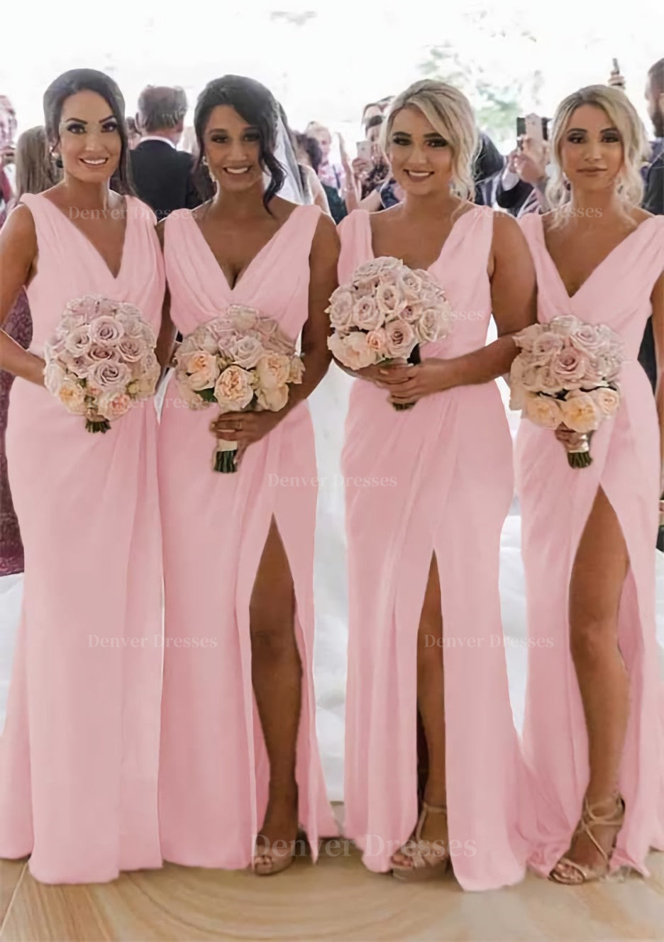 Homecoming Dress 2044, Sheath/Column Cowl Neck Sleeveless Chiffon Bridesmaid Dresses With Pleated Split