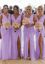 Homecoming Dress Classy Elegant, Sheath/Column Cowl Neck Sleeveless Chiffon Bridesmaid Dresses With Pleated Split