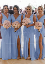 Homecoming Dresses Aesthetic, Sheath/Column Cowl Neck Sleeveless Chiffon Bridesmaid Dresses With Pleated Split