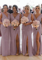 Homecoming Dress Shop, Sheath/Column Cowl Neck Sleeveless Chiffon Bridesmaid Dresses With Pleated Split