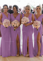 Homecoming Dresses Shop, Sheath/Column Cowl Neck Sleeveless Chiffon Bridesmaid Dresses With Pleated Split