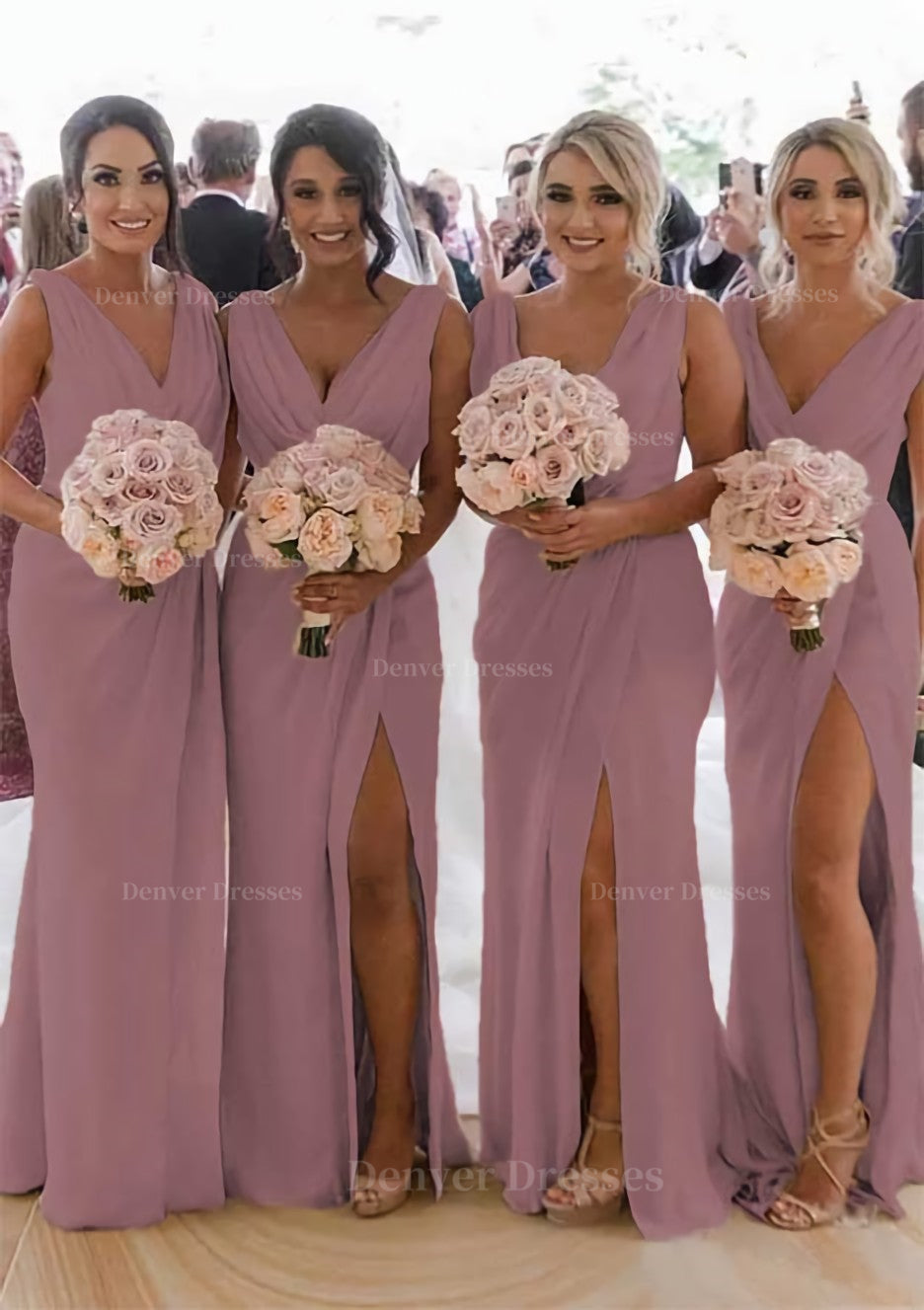 Homecoming Dress Shops, Sheath/Column Cowl Neck Sleeveless Chiffon Bridesmaid Dresses With Pleated Split