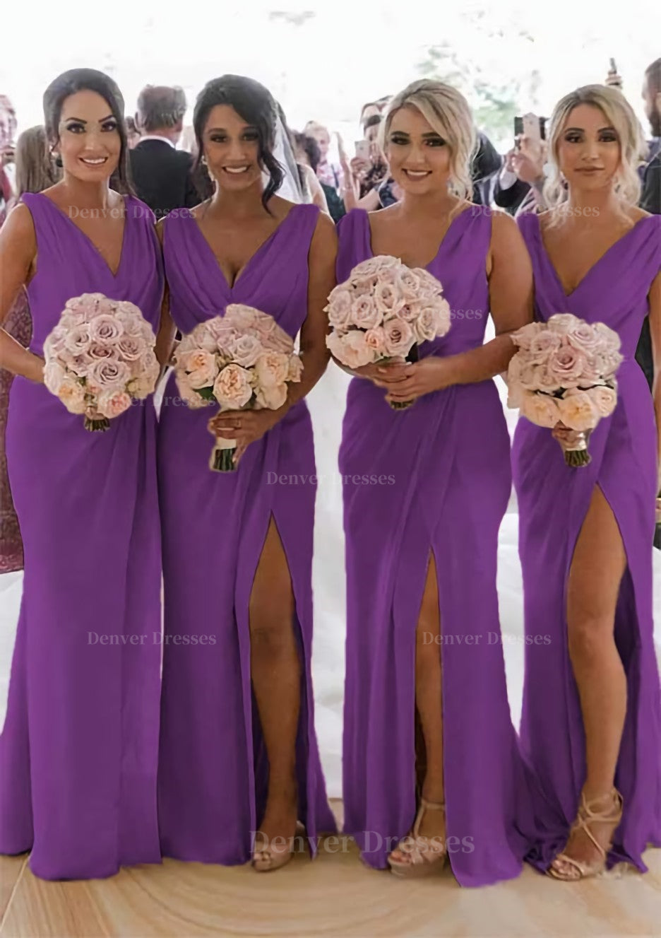 Homecoming Dresses Fashion Outfits, Sheath/Column Cowl Neck Sleeveless Chiffon Bridesmaid Dresses With Pleated Split