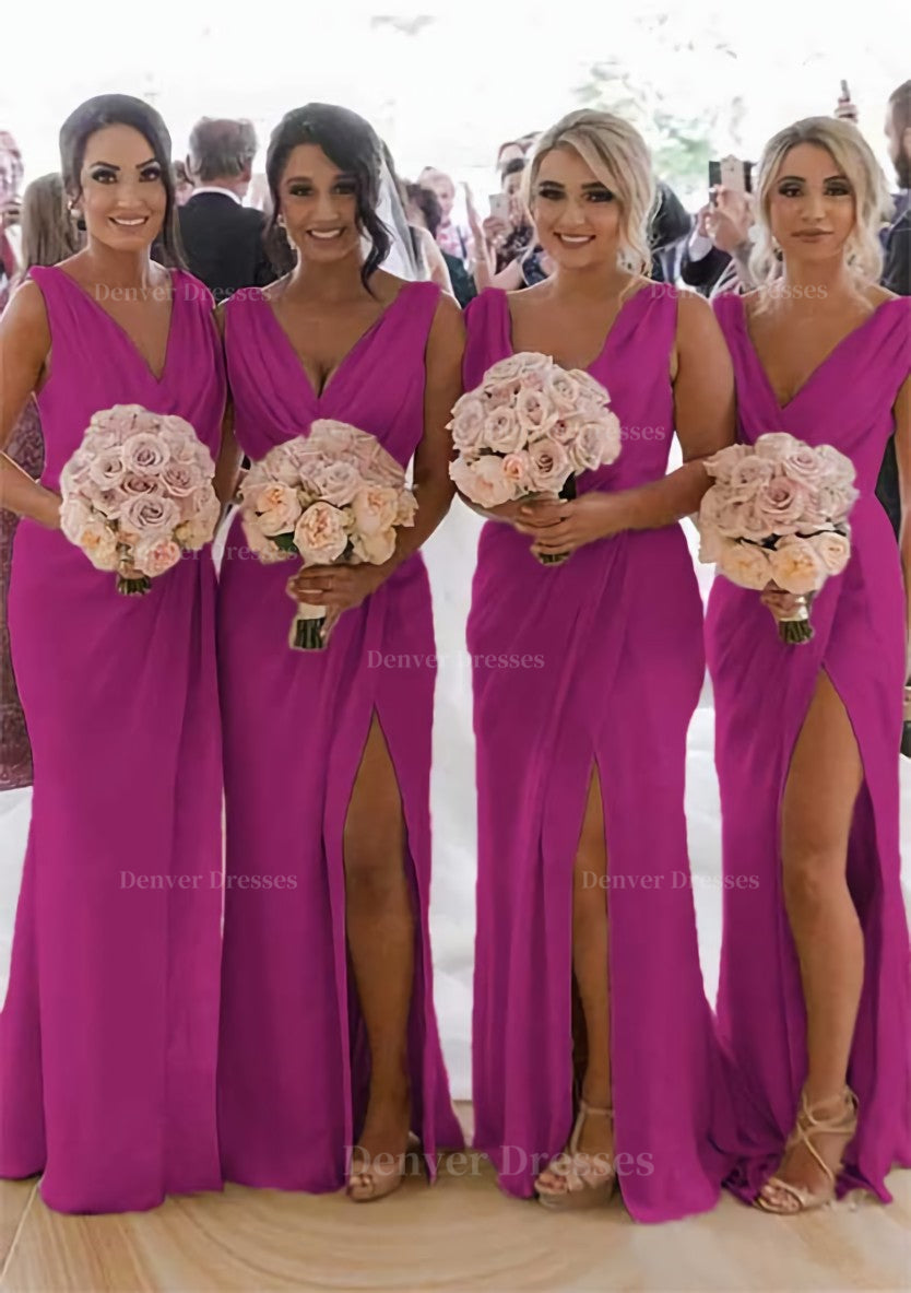 Homecoming Dress Pretty, Sheath/Column Cowl Neck Sleeveless Chiffon Bridesmaid Dresses With Pleated Split