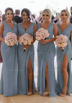 Homecoming Dresses 2043, Sheath/Column Cowl Neck Sleeveless Chiffon Bridesmaid Dresses With Pleated Split