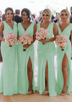 Homecoming Dresses For Girls, Sheath/Column Cowl Neck Sleeveless Chiffon Bridesmaid Dresses With Pleated Split