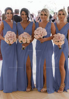 Homecoming Dress Elegant, Sheath/Column Cowl Neck Sleeveless Chiffon Bridesmaid Dresses With Pleated Split