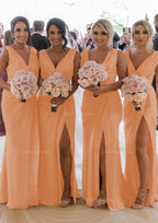 Homecomming Dresses Lace, Sheath/Column Cowl Neck Sleeveless Chiffon Bridesmaid Dresses With Pleated Split