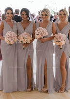Homecoming Dresses Silk, Sheath/Column Cowl Neck Sleeveless Chiffon Bridesmaid Dresses With Pleated Split