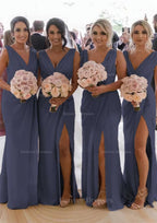 Homecoming Dresses Elegant, Sheath/Column Cowl Neck Sleeveless Chiffon Bridesmaid Dresses With Pleated Split