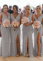 Homecoming Dresses Tight, Sheath/Column Cowl Neck Sleeveless Chiffon Bridesmaid Dresses With Pleated Split