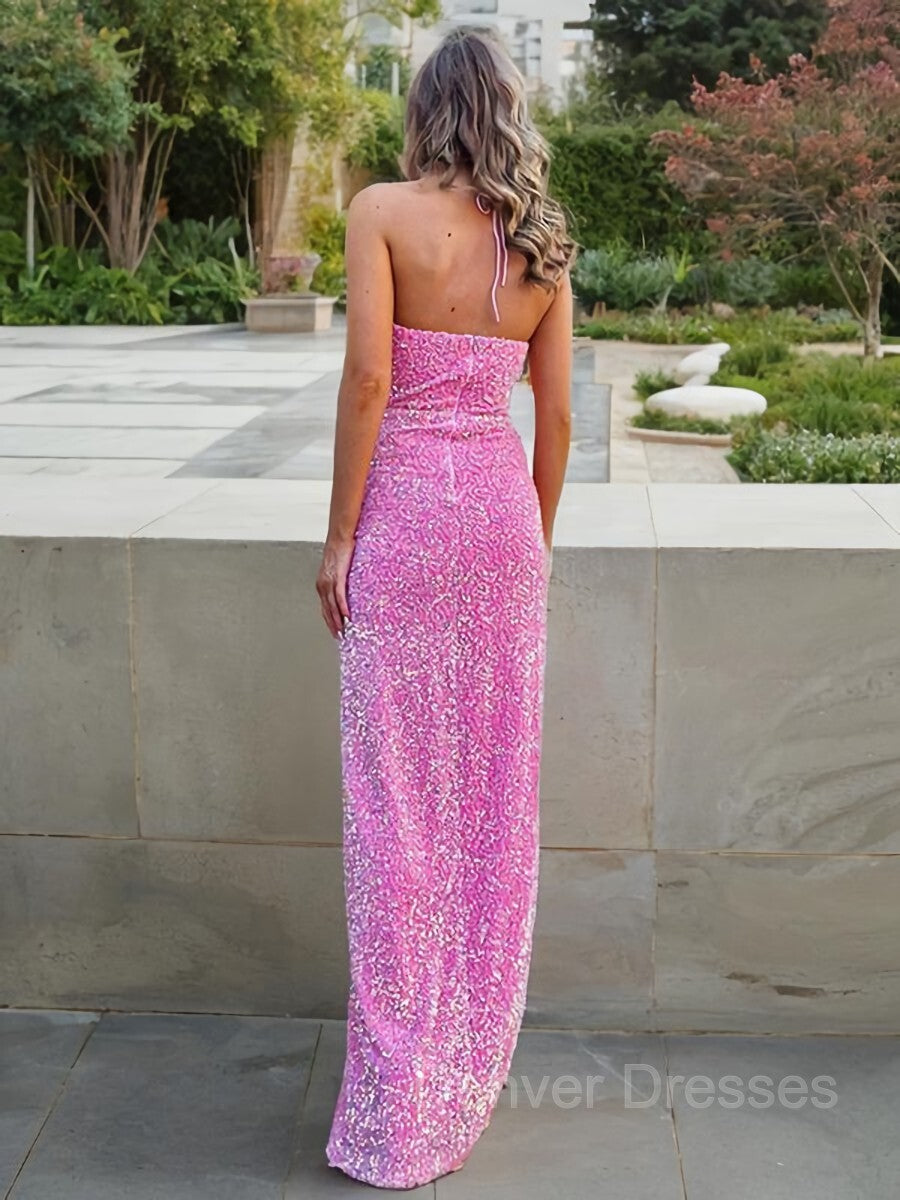 Prom Dress Sales, Sheath/Column Halter Floor-Length Velvet Sequins Prom Dresses With Leg Slit