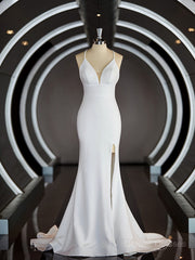 Wedding Dress For Short Bride, Sheath/Column Halter Sweep Train Stretch Crepe Wedding Dresses with Leg Slit