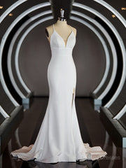 Wedding Dresses Pinterest, Sheath/Column Halter Sweep Train Stretch Crepe Wedding Dresses with Leg Slit