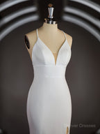 Wedding Dress Shops Near Me, Sheath/Column Halter Sweep Train Stretch Crepe Wedding Dresses with Leg Slit