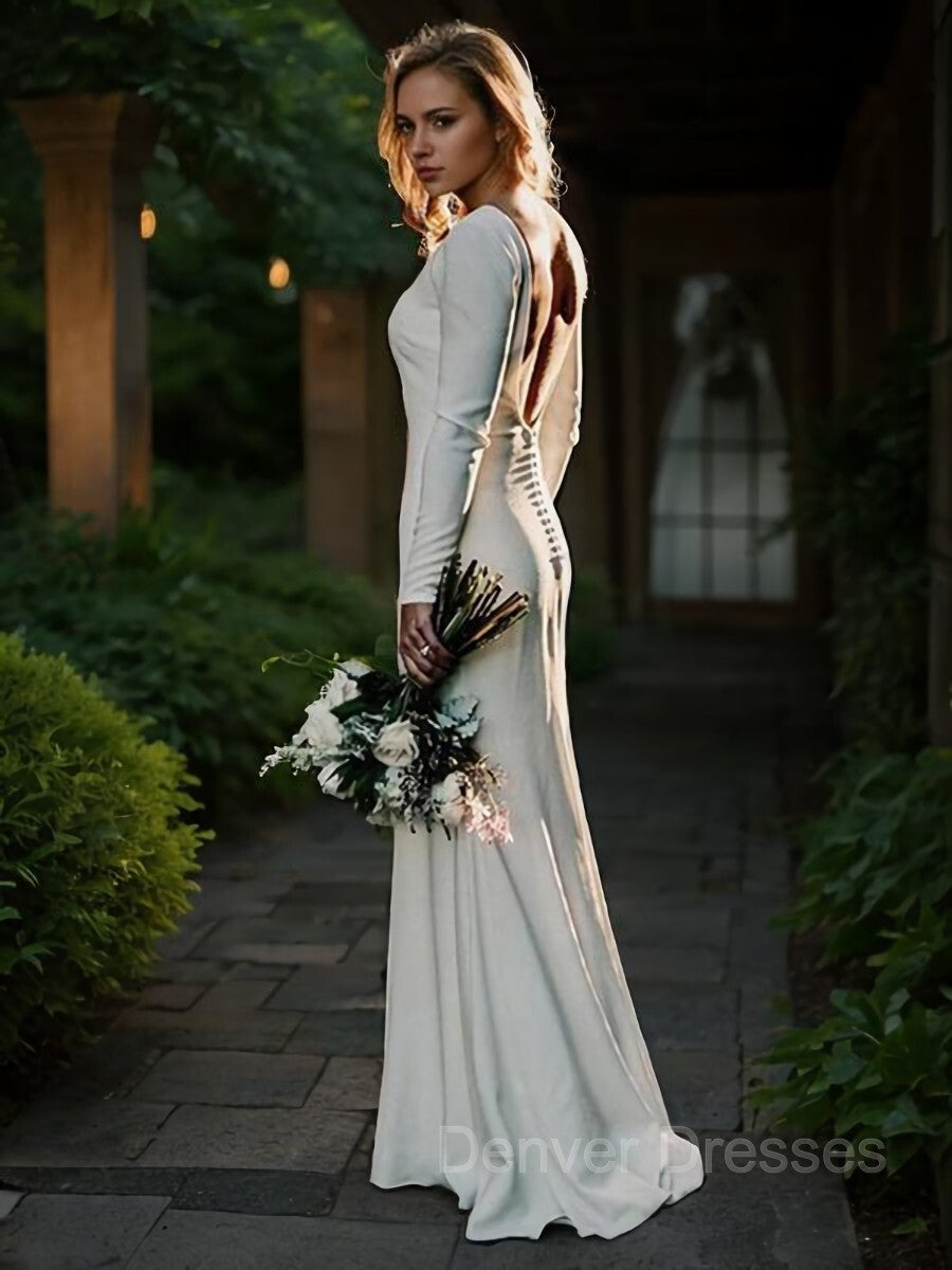 Wedding Dresses Bridesmaids, Sheath/Column Jewel Sweep Train Stretch Crepe Wedding Dresses