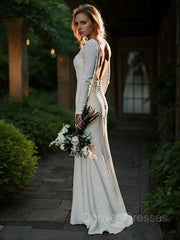 Wedding Dresses Bridesmaids, Sheath/Column Jewel Sweep Train Stretch Crepe Wedding Dresses
