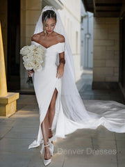 Wedding Dress Customizations, Sheath/Column Off-the-Shoulder Chapel Train Charmeuse Wedding Dresses With Leg Slit