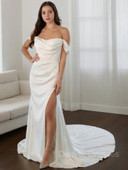 Wedding Dresses Laced Sleeves, Sheath/Column Off-the-Shoulder Court Train Charmeuse Wedding Dresses With Leg Slit