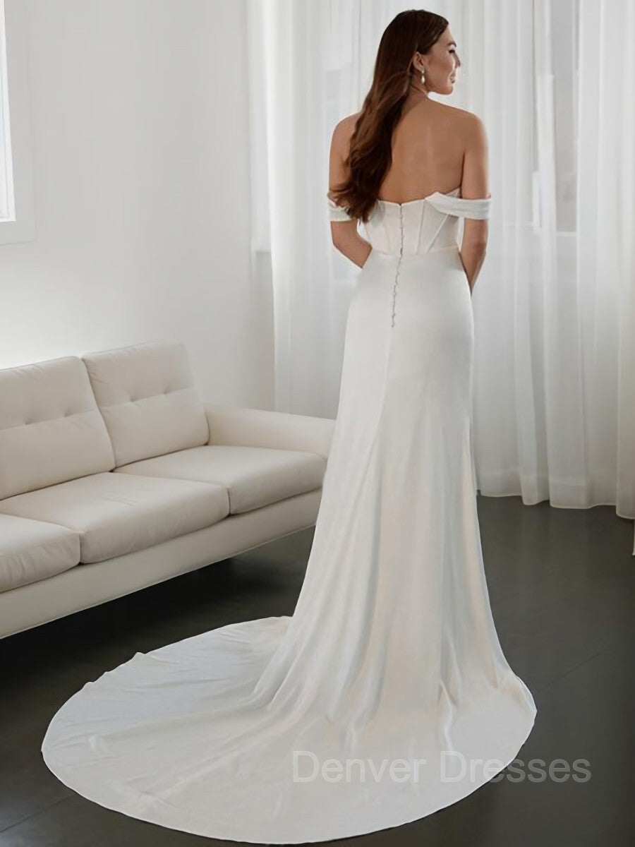 Wedding Dresses Lace Sleeves, Sheath/Column Off-the-Shoulder Court Train Charmeuse Wedding Dresses With Leg Slit