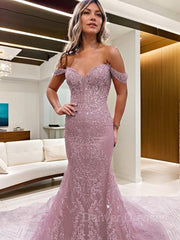 Bridesmaid Dresses Lavender, Sheath/Column Off-the-Shoulder Court Train Lace Prom Dresses With Appliques Lace