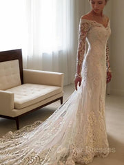 Wedding Dresses With Color, Sheath/Column Off-the-Shoulder Court Train Lace Wedding Dresses With Appliques Lace