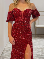 Red Carpet Dress, Sheath/Column Off-the-Shoulder Court Train Velvet Sequins Prom Dresses With Leg Slit