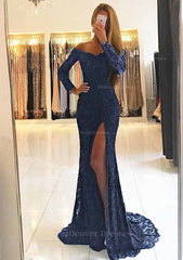 On Piece Dress, Sheath/Column Off-the-Shoulder Full/Long Sleeve Sweep Train Lace Dress With Split