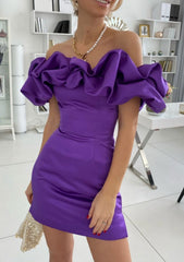 Prom Dresses For Short People, Sheath/Column Off-the-Shoulder Sleeveless Satin Short/Mini Homecoming Dress With Ruffles
