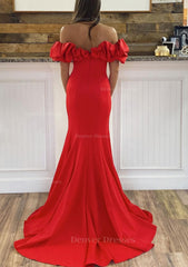 Party Dresses 2044, Sheath/Column Off-the-Shoulder Sleeveless Sweep Train Satin Prom Dress With Ruffles Split