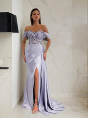 Prom Dresses For Curvy Figures, Sheath/Column Off-the-Shoulder Sweep Train Elastic Woven Satin Prom Dresses With Leg Slit