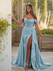 Formal Dress For Weddings Guest, Sheath/Column Off-the-Shoulder Sweep Train Jersey Prom Dresses With Leg Slit