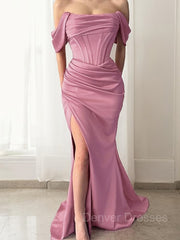 Formal Dresses For 29 Year Olds, Sheath/Column Off-the-Shoulder Sweep Train Silk like Satin Prom Dresses With Leg Slit