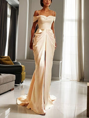Wedding Dresses Under 206, Sheath/Column Off-the-Shoulder Sweep Train Silk like Satin Wedding Dresses With Leg Slit