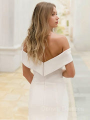 Wedding Dress Lace Sleeves, Sheath/Column Off-the-Shoulder Sweep Train Stretch Crepe Wedding Dresses With Leg Slit